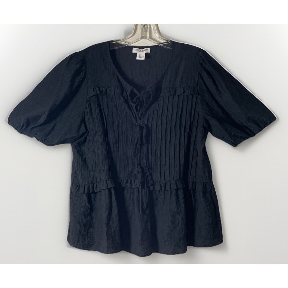 Vintage Laura Ashley Black Pleated Bow Tie Front Peplum Blouse Lyocell Large